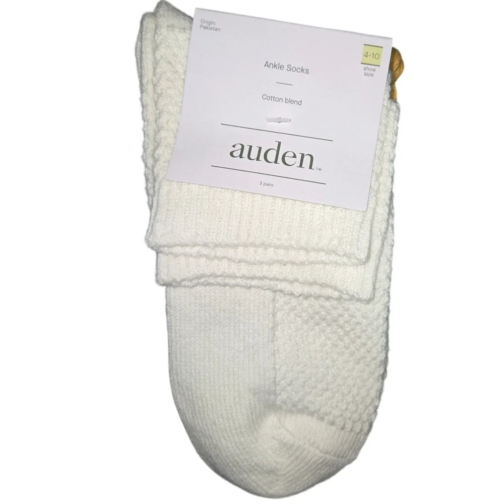 Auden Womens Textured Stitch Ankle Socks 3pk Ivory Gold Olive Shoe Size 4-10